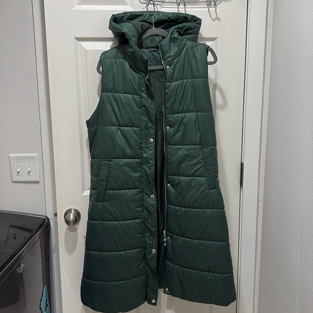 Long green puffer vest